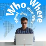 A man sitting with laptop with the background of question words on world map.
