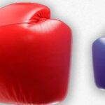 Boxing gloves are red and blue in different sizes