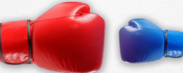 Boxing gloves are red and blue in different sizes