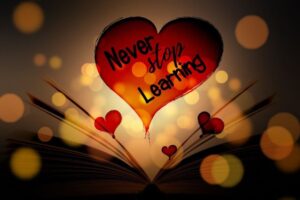 Never stop learning appear in open book