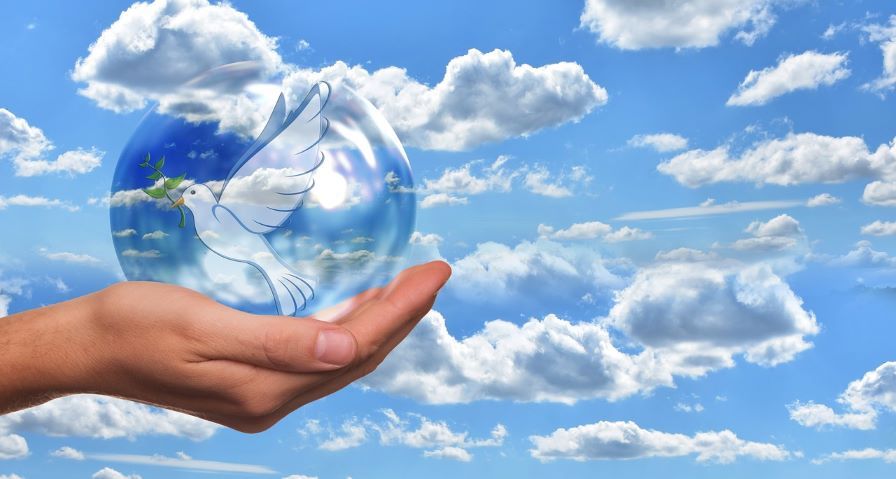 In the bubble on hand has the symbol of dove with olive leaves