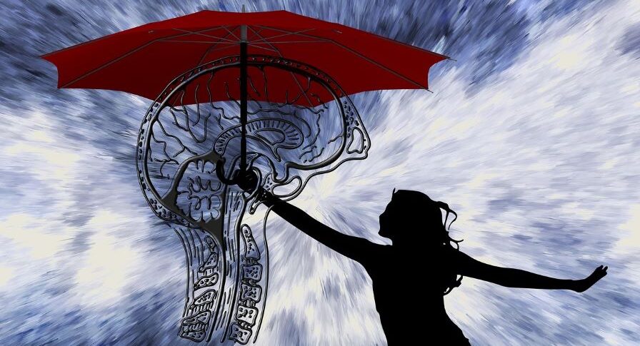 A girl holding the umberlla to the brain